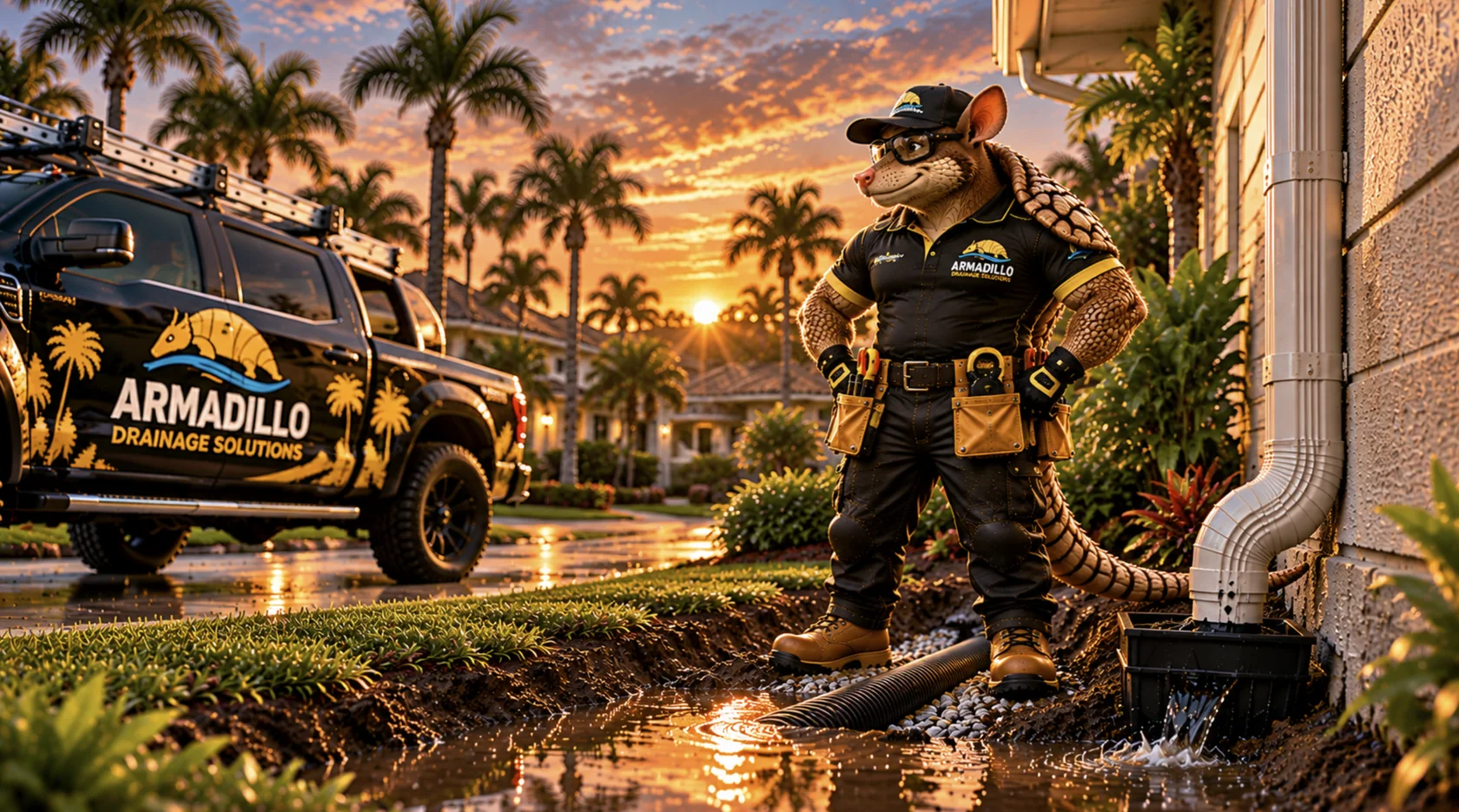 Armadillo Drainage Solutions crew member beside a new downspout drain and the service truck at a Jacksonville home