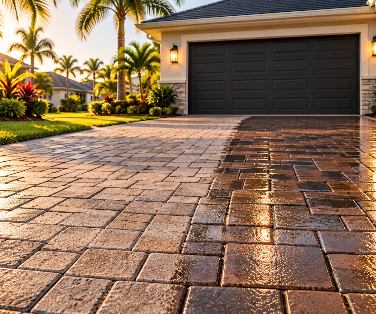 Paver driveway half sealed, half unsealed — the difference sealing makes